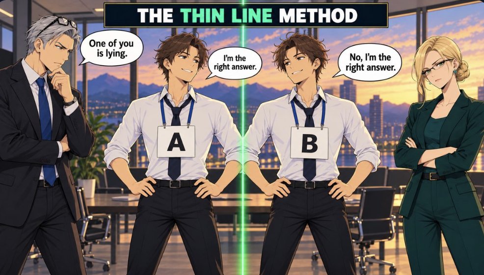 The Thin Line Method: two identical candidates wearing signs A and B both claim to be the right answer, separated by a thin green line. Marcus says one of you is lying, Isabella crosses her arms.